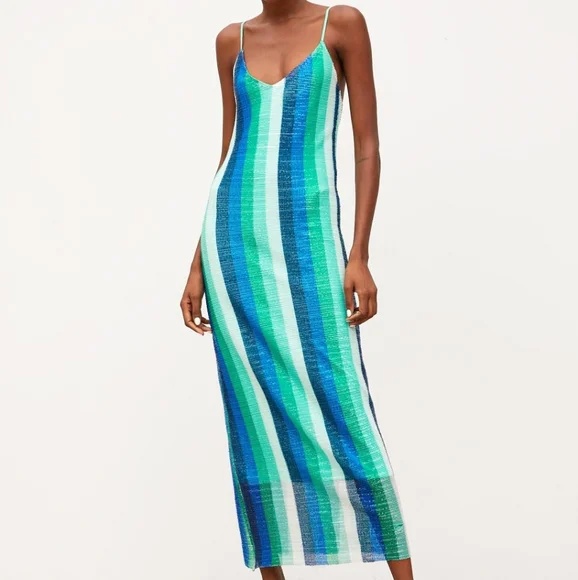 zara striped sequin dress Midi Dress Zara Rainbow Sequin Striped Sequin Dress Zara Zara Rainbow Stripe Sequin Midi Dress SPCA Op Shops